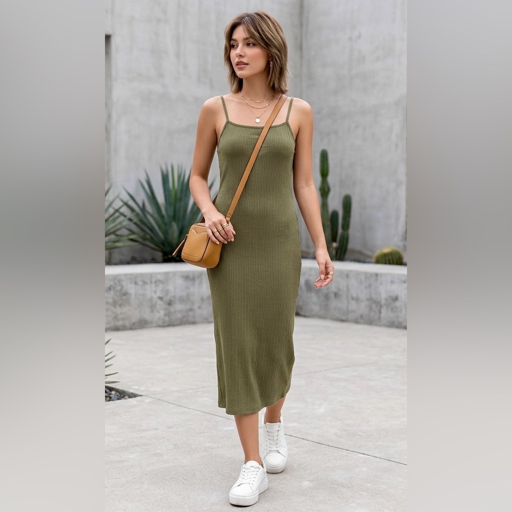 Primark Olive Ribbed Tank Midi Dress